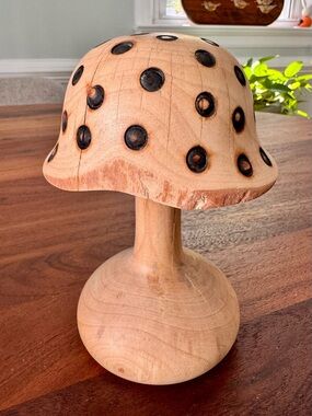 Wood Mushroom Folk Art Sculpture Hand Crafted MCM 1970s Decor Spotted 6.5”